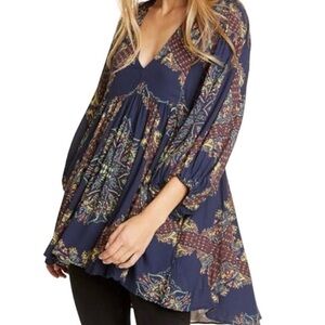 NWT Beautiful Free People Girl Talk Hi-Low Tunic Dress Boho Navy Combo Size XS